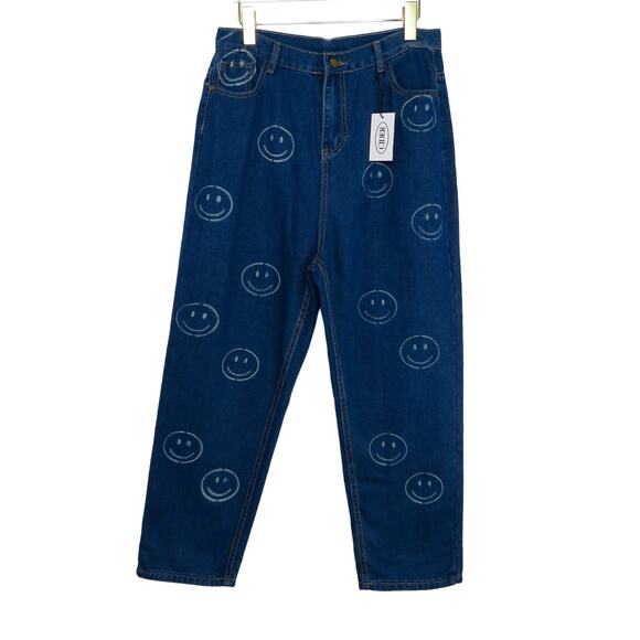 Cider Friday Happy Hours Denim High Rise Smiley Face Straight Leg Jeans 30" - Picture 1 of 6